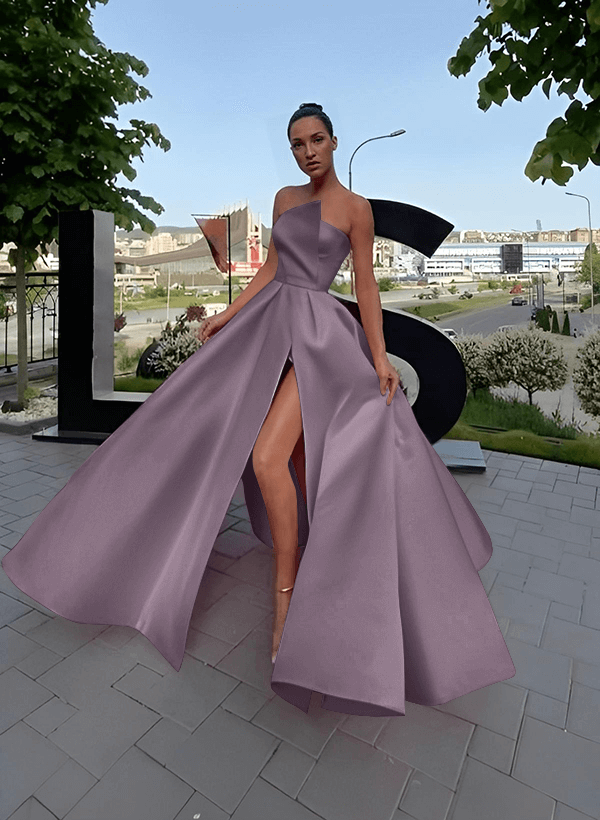 A-Line Short Sleeveless Satin Floor-Length Prom Dress