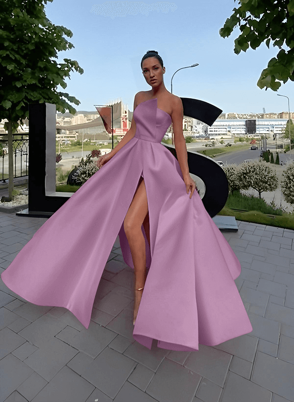 A-Line Short Sleeveless Satin Floor-Length Prom Dress