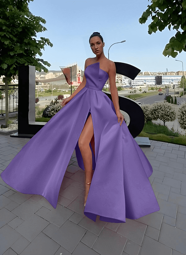 A-Line Short Sleeveless Satin Floor-Length Prom Dress