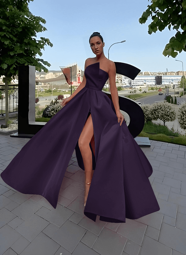 A-Line Short Sleeveless Satin Floor-Length Prom Dress