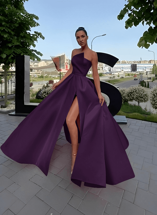 A-Line Short Sleeveless Satin Floor-Length Prom Dress