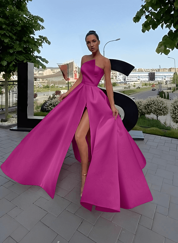 A-Line Short Sleeveless Satin Floor-Length Prom Dress