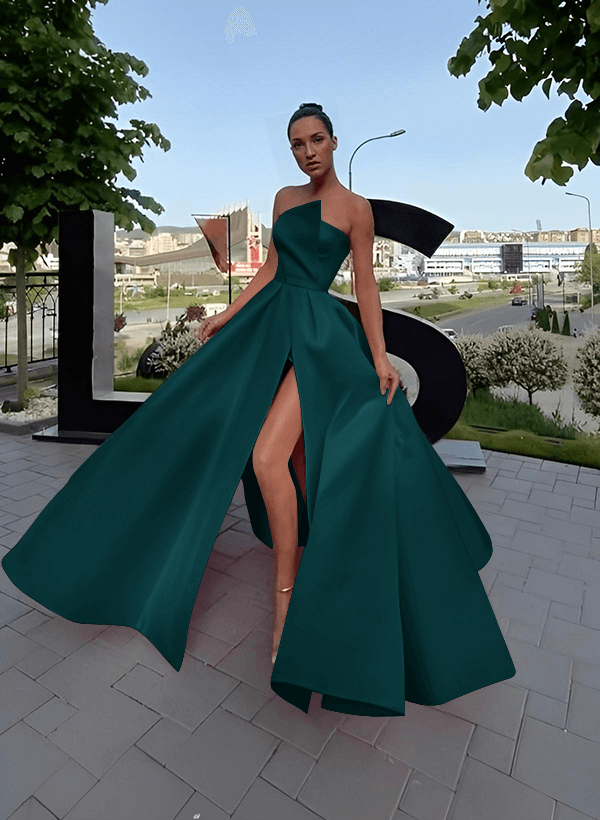 A-Line Short Sleeveless Satin Floor-Length Prom Dress