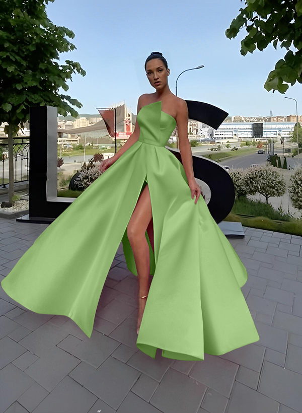 A-Line Short Sleeveless Satin Floor-Length Prom Dress