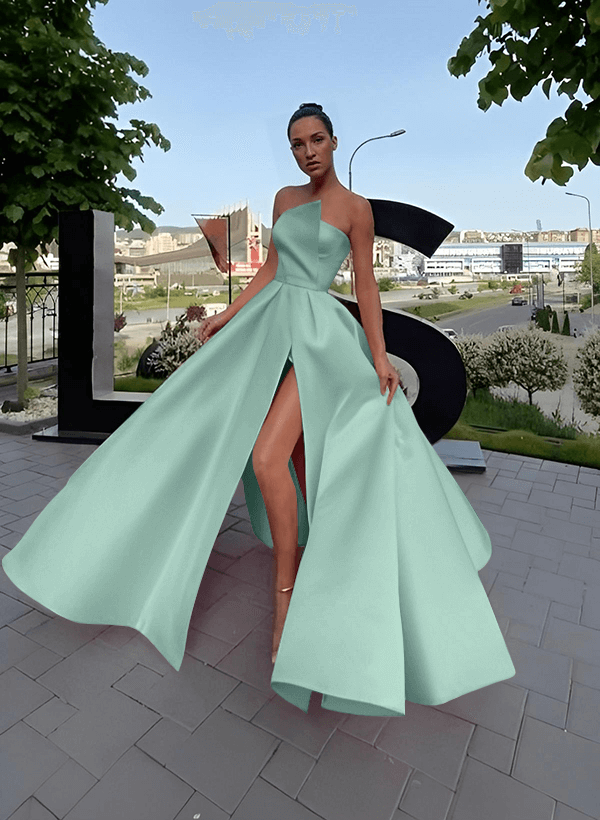 A-Line Short Sleeveless Satin Floor-Length Prom Dress