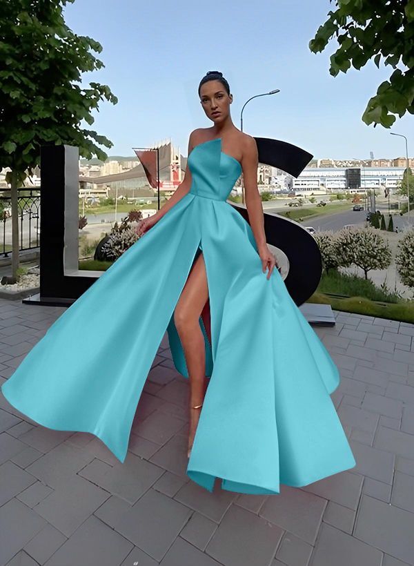 A-Line Short Sleeveless Satin Floor-Length Prom Dress