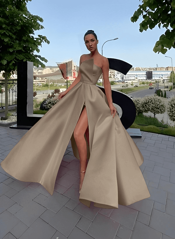 A-Line Short Sleeveless Satin Floor-Length Prom Dress