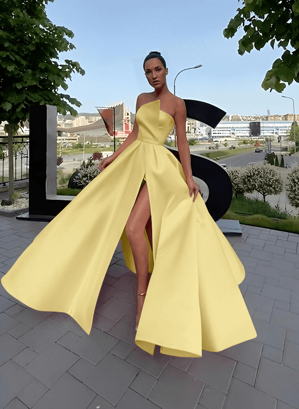 A-Line Short Sleeveless Satin Floor-Length Prom Dress