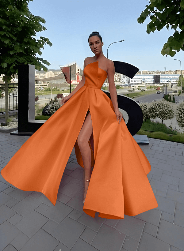 A-Line Short Sleeveless Satin Floor-Length Prom Dress