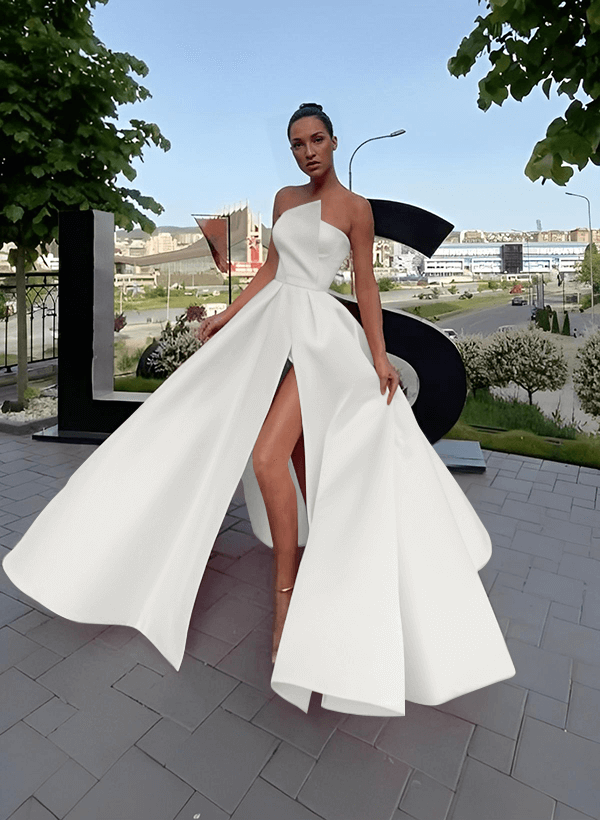 A-Line Short Sleeveless Satin Floor-Length Prom Dress