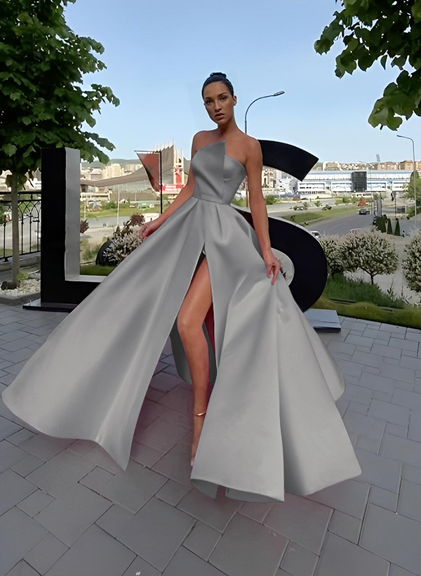 A-Line Short Sleeveless Satin Floor-Length Prom Dress