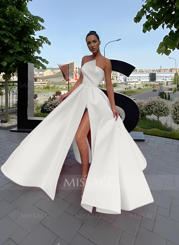 A-Line Short Sleeveless Satin Floor-Length Prom Dress