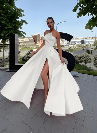 A-Line Short Sleeveless Satin Floor-Length Prom Dress