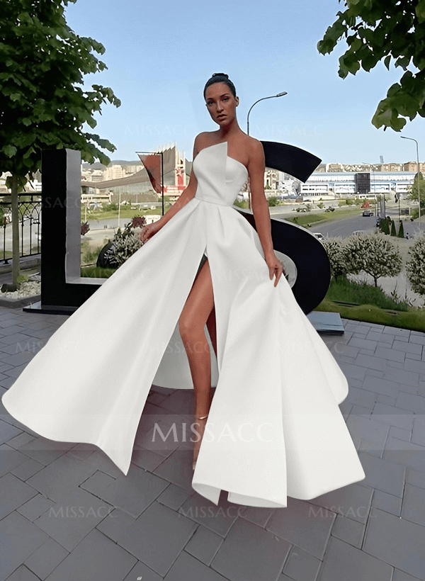 A-Line Short Sleeveless Satin Floor-Length Prom Dress