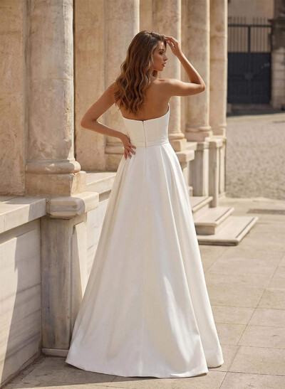 A-Line Short Sleeveless Satin Floor-Length Prom Dress
