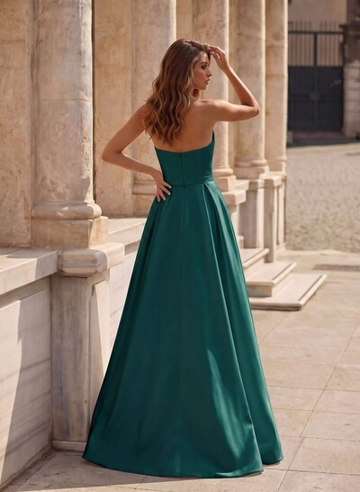 A-Line Short Sleeveless Satin Floor-Length Prom Dress