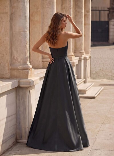 A-Line Short Sleeveless Satin Floor-Length Prom Dress