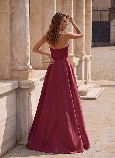 A-Line Short Sleeveless Satin Floor-Length Prom Dress