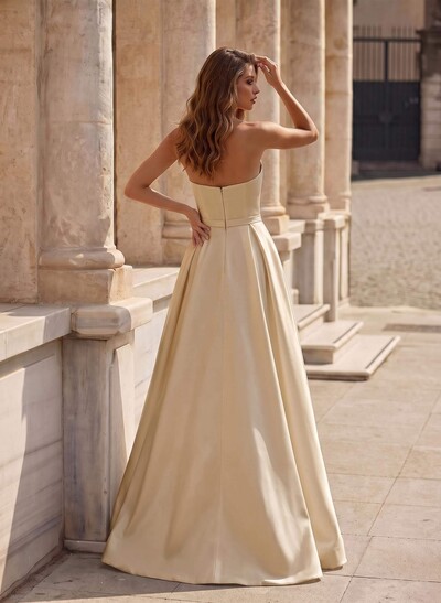 A-Line Short Sleeveless Satin Floor-Length Prom Dress