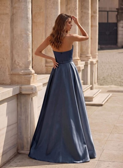 A-Line Short Sleeveless Satin Floor-Length Prom Dress