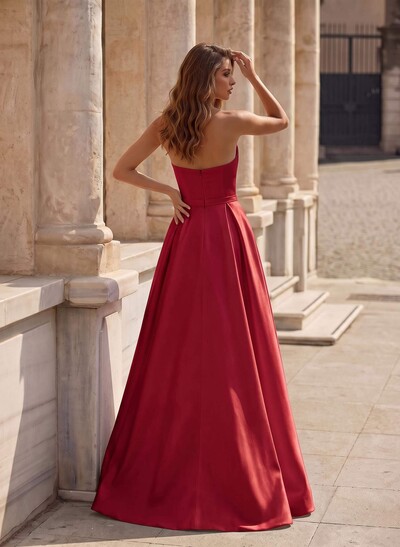 A-Line Short Sleeveless Satin Floor-Length Prom Dress