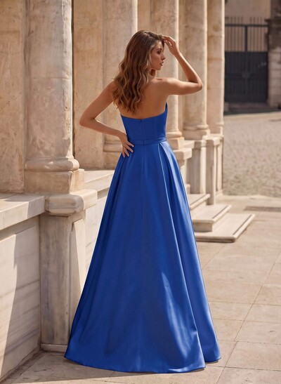 A-Line Short Sleeveless Satin Floor-Length Prom Dress