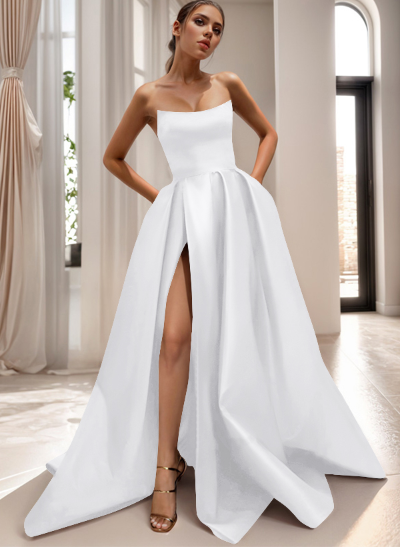 Ball-Gown Strapless Sleeveless Floor-Length Satin Wedding Dresses With Split Front