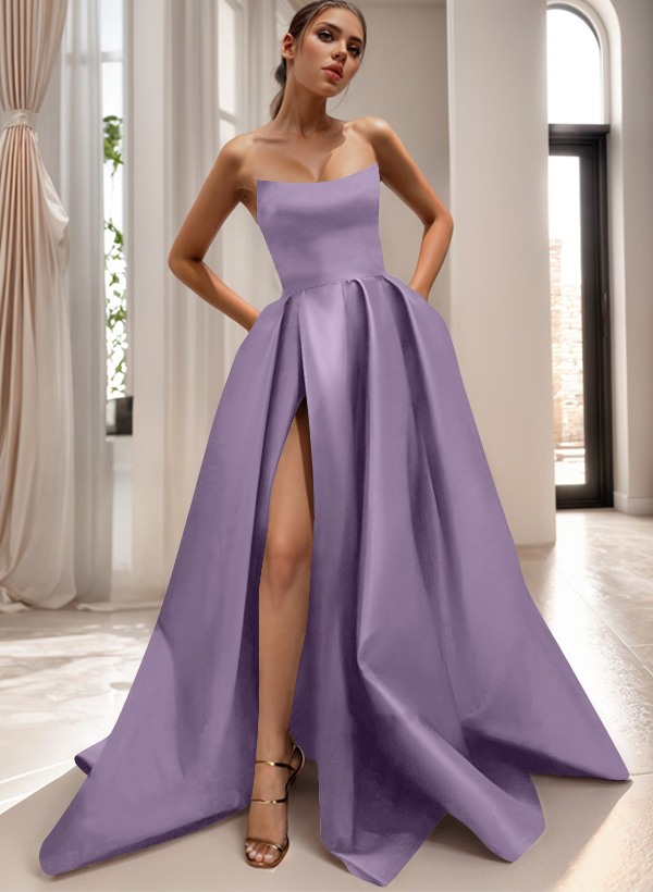 Ball-Gown Sleeveless Satin Floor-Length Prom Dress