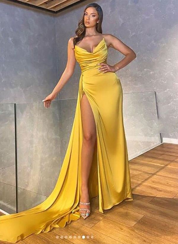 Sheath/Column Sweetheart Sleeveless Satin Floor-Length Prom Dress With Ruffle