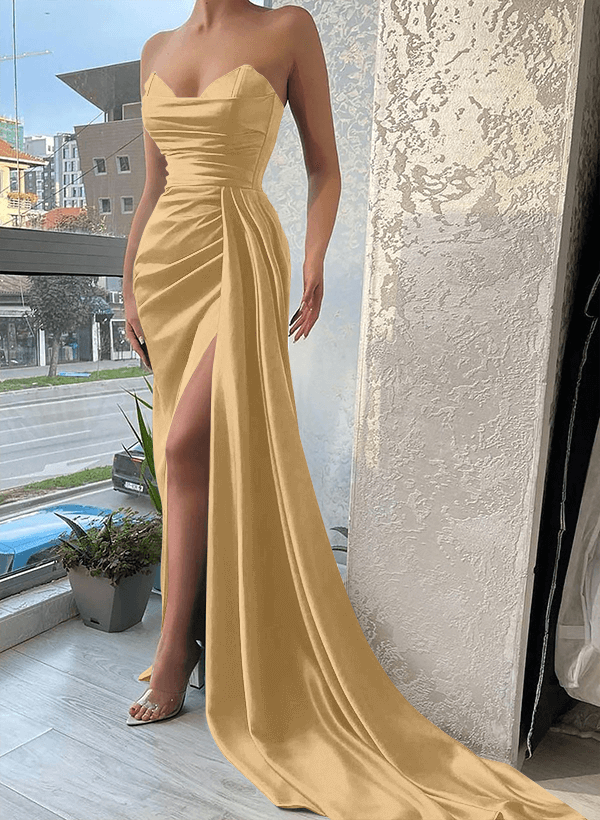 Fourreau/Colonne Amoureux Sans Manches Satiné Longueur Sol Robe De Bal/Robe De Soirée Avec Volants