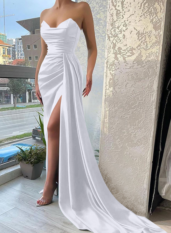 Sheath/Column Sweetheart Sleeveless Satin Floor-Length Prom Dress/Evening Dress With Ruffle