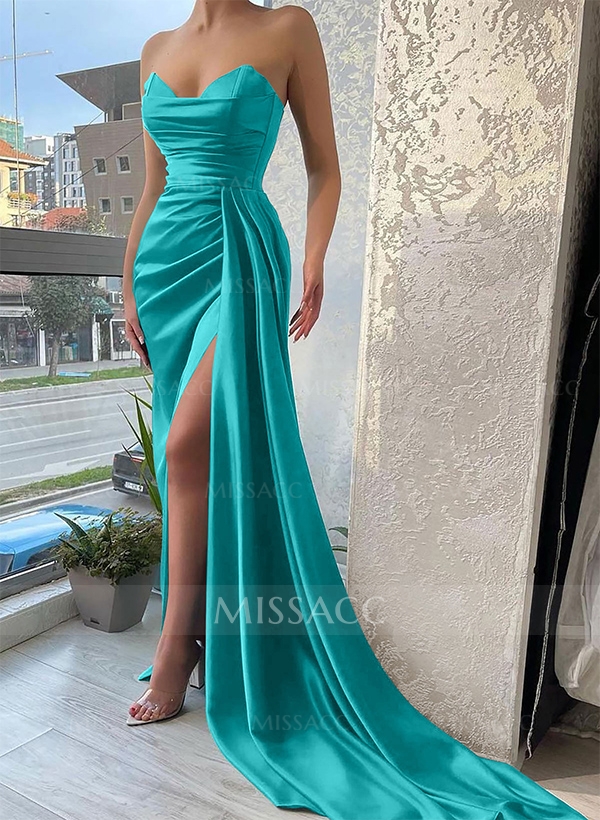 Sheath/Column Sweetheart Sleeveless Satin Floor-Length Prom Dress/Evening Dress With Ruffle