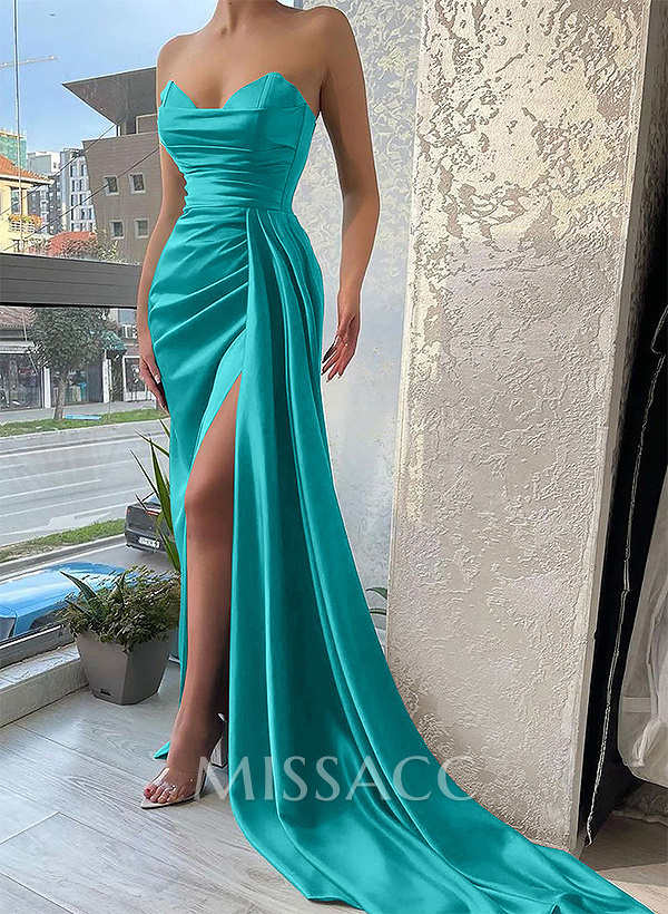 Sheath/Column Sweetheart Sleeveless Satin Floor-Length Prom Dress/Evening Dress With Ruffle