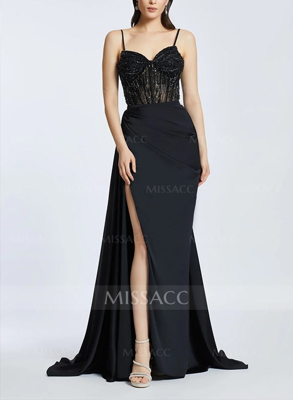 Sheath/Column V-Neck Floor-Length Satin Prom Dress With Split Front