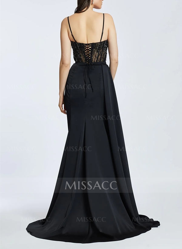 Sheath/Column V-Neck Floor-Length Satin Prom Dress With Split Front