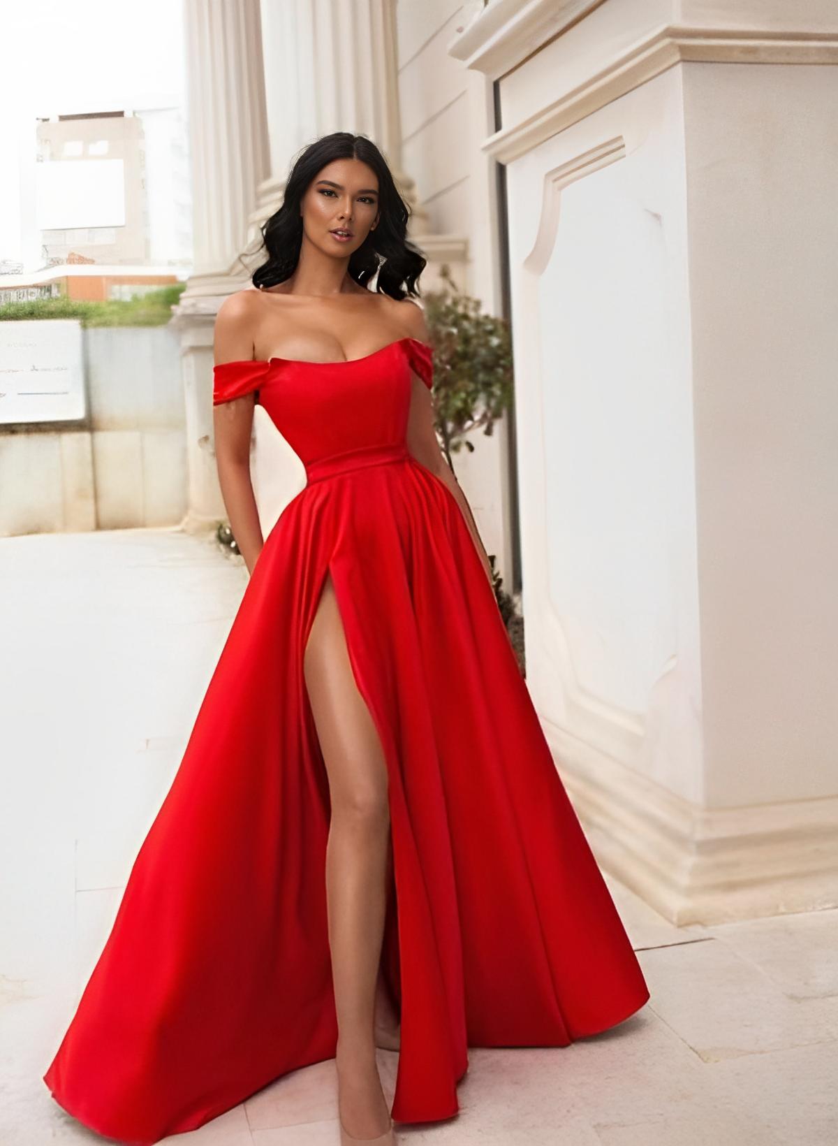 A-Line Off-the-Shoulder Sleeveless Satin Floor-Length Prom Dress With Split Front