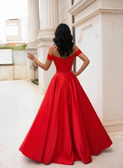 A-Line Off-The-Shoulder Sleeveless Satin Floor-Length Prom Dress With Split Front