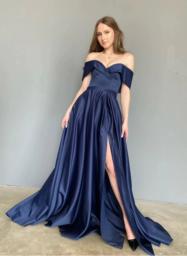 A-Line Off-the-Shoulder Sleeveless Satin Sweep Train Prom Dress