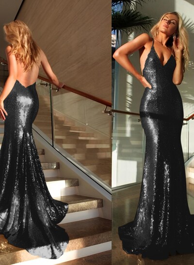Trumpet/Mermaid V-Neck Sleeveless Sequined Sweep Train Prom Dress