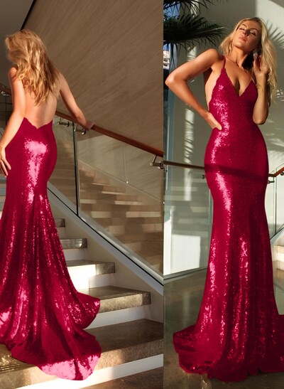 Trumpet/Mermaid V-Neck Sleeveless Sequined Sweep Train Prom Dress