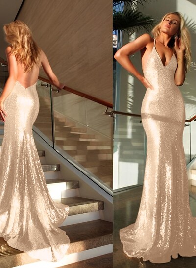 Trumpet/Mermaid V-Neck Sleeveless Sequined Sweep Train Prom Dress