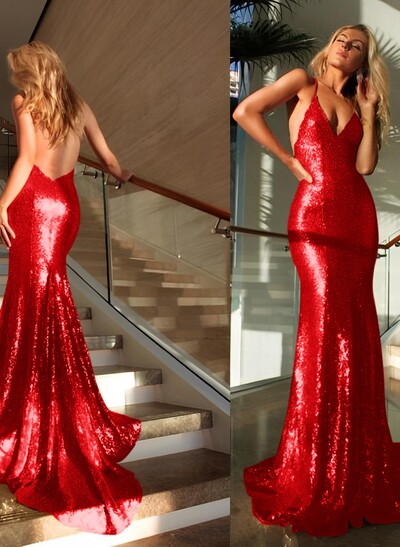 Trumpet/Mermaid V-Neck Sleeveless Sequined Sweep Train Prom Dress