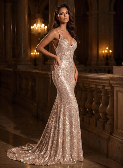 Trumpet/Mermaid V-Neck Sleeveless Sequined Sweep Train Prom Dress