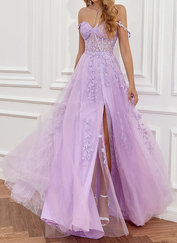 A-Line Sweetheart Floor-Length Tulle Prom Dress With Lace Split Front