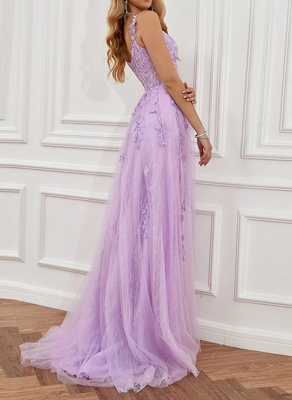 A-Line Sweetheart Floor-Length Tulle Prom Dress With Lace Split Front