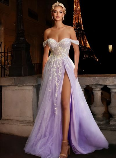 A-Line Off-The-Shoulder Sleeveless Tulle Floor-Length Prom Dress With Lace