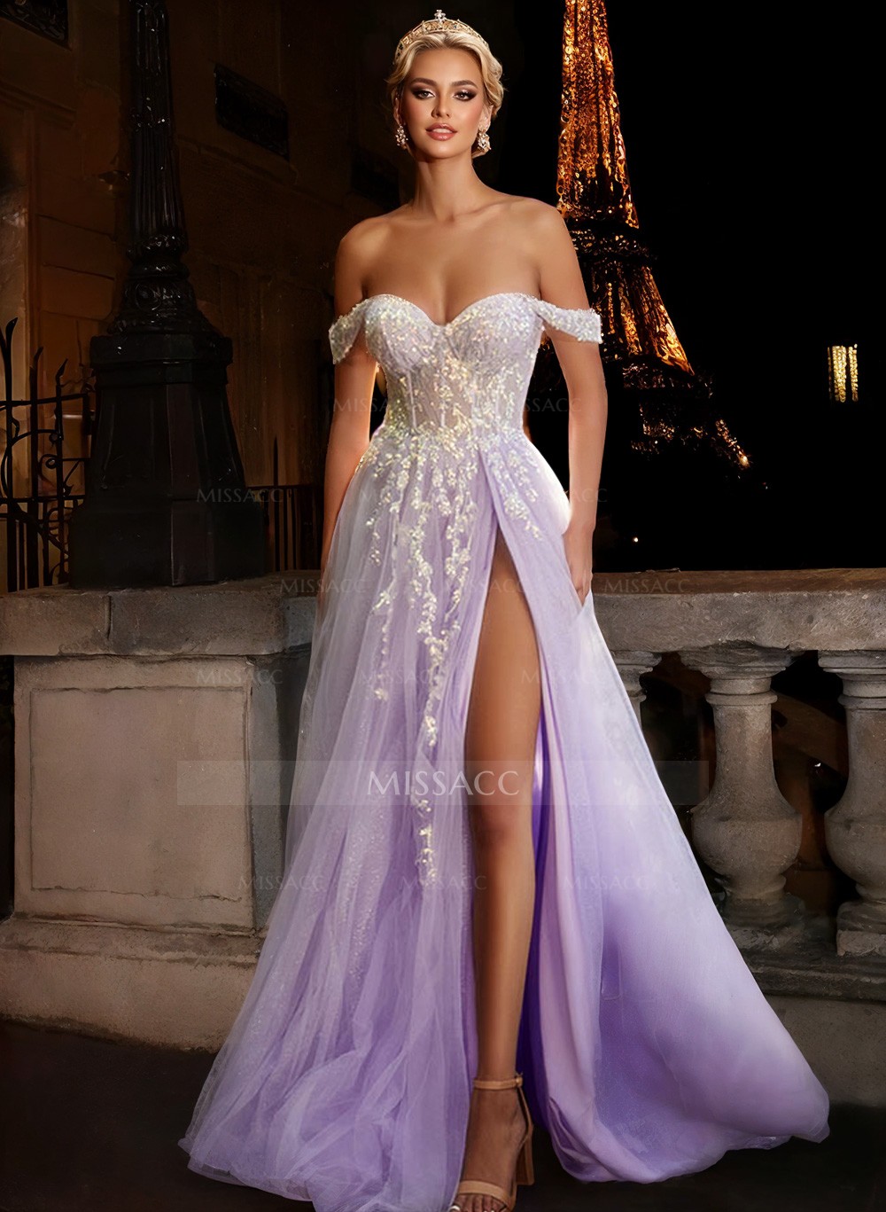 A-Line Off-The-Shoulder Sleeveless Tulle Floor-Length Prom Dress With Lace