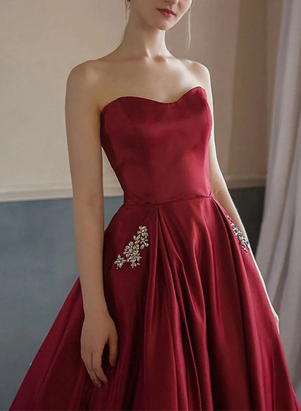 A-Line Sweetheart Sweep Train Satin Prom Dress With Pockets Beading