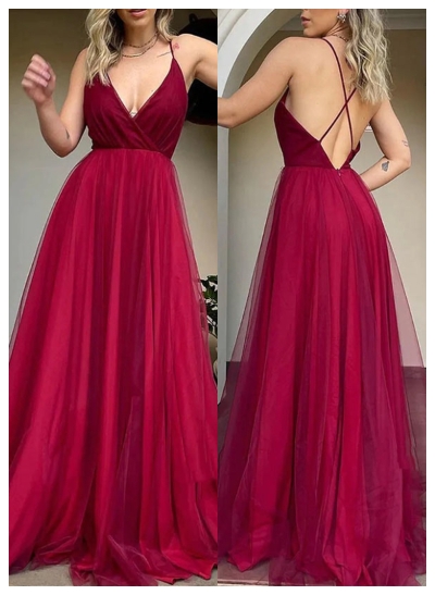 A-Line V-Neck Sweep Train Tulle Prom Dress