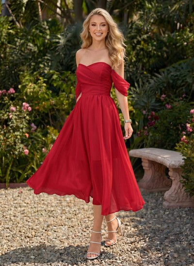 A-Line Off-The-Shoulder Sleeveless Chiffon Tea-Length Prom Dress